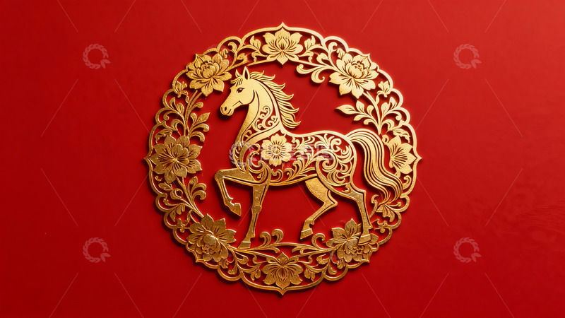 高清大图下载【趣麦麦图】金色骏马剪纸艺术图案