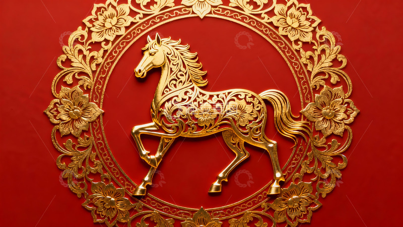 高清大图下载【趣麦麦图】金色骏马剪纸艺术图案