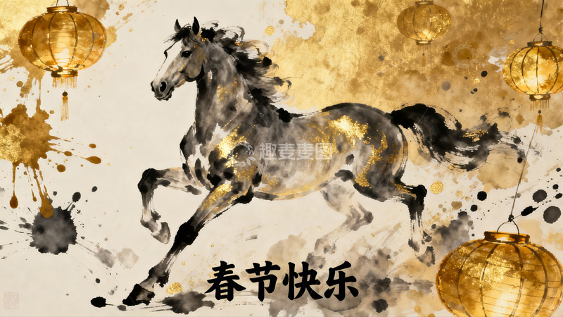 高清大图下载【趣麦麦图】水墨骏马灯笼春节贺图