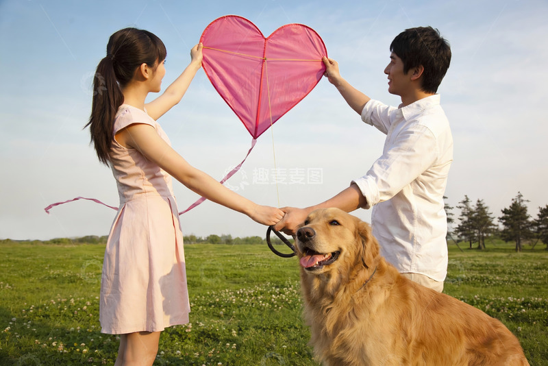 高清大图下载【趣麦麦图】情侣放飞爱心风筝与狗狗
