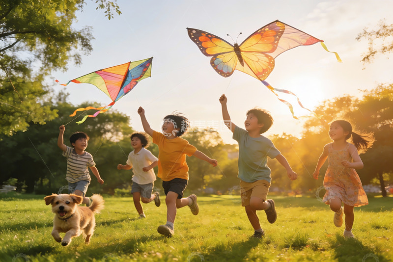 高清大图下载【趣麦麦图】孩子们户外放风筝与小狗奔跑