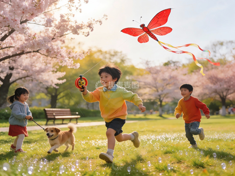 高清大图下载【趣麦麦图】春日公园儿童放风筝与遛狗