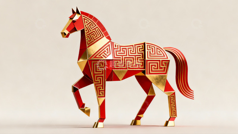 高清大图下载【趣麦麦图】红金几何马艺术摆件