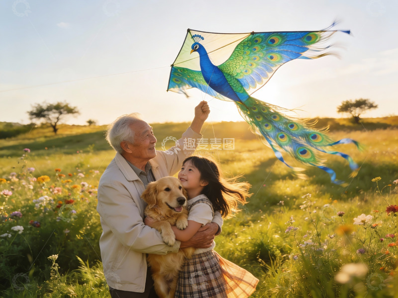 高清大图下载【趣麦麦图】老人女孩与狗放孔雀风筝