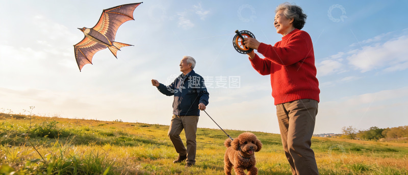 高清大图下载【趣麦麦图】老夫妻放风筝遛狗户外休闲