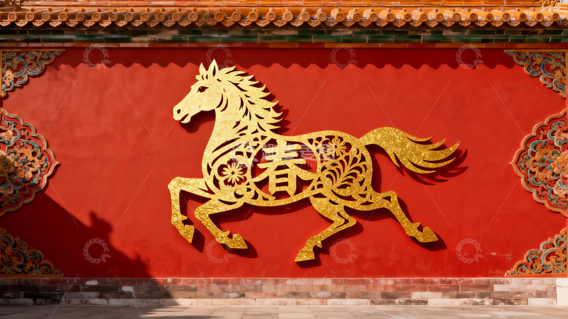 高清大图下载【趣麦麦图】红色墙上的金色马形剪纸艺术