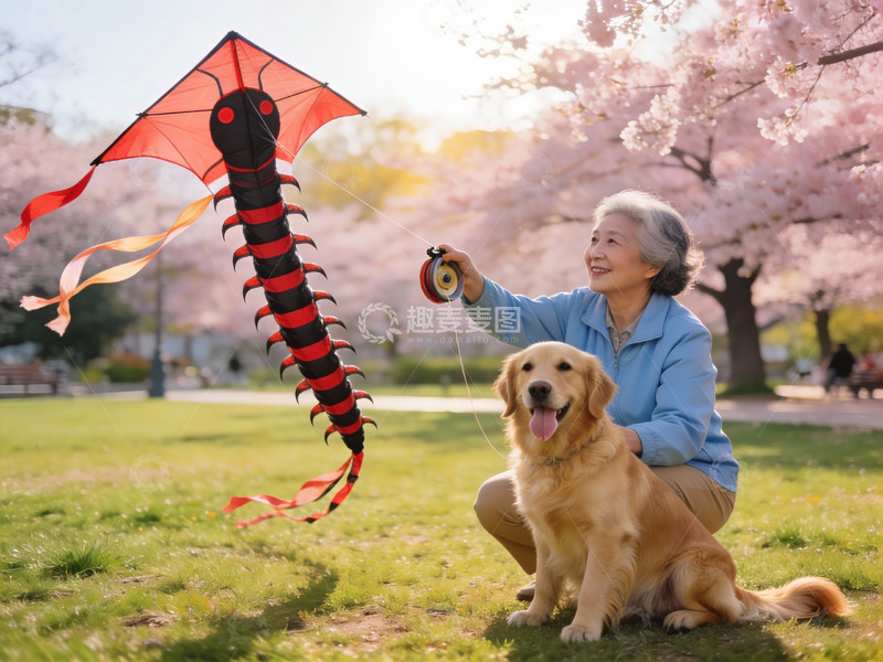 高清大图下载【趣麦麦图】老人公园放风筝与狗相伴
