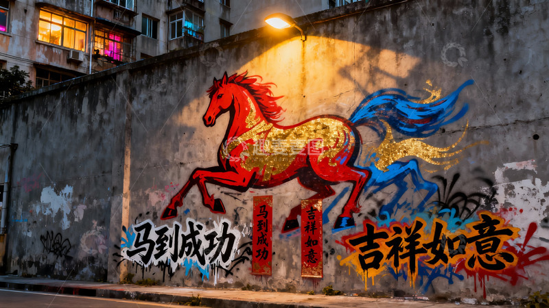 高清大图下载【趣麦麦图】夜色墙绘骏马图寓意吉祥