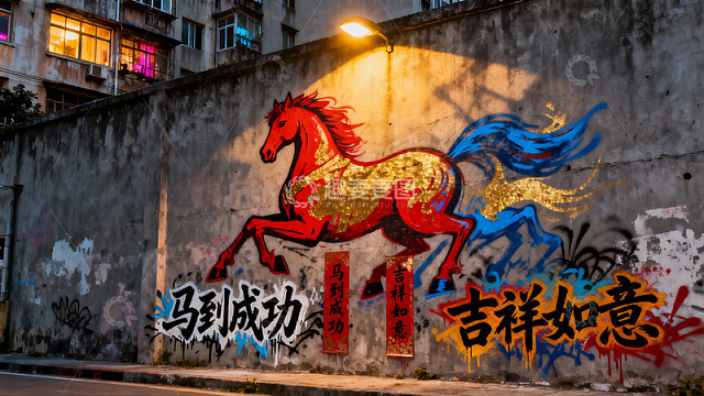 夜色墙绘骏马图寓意吉祥