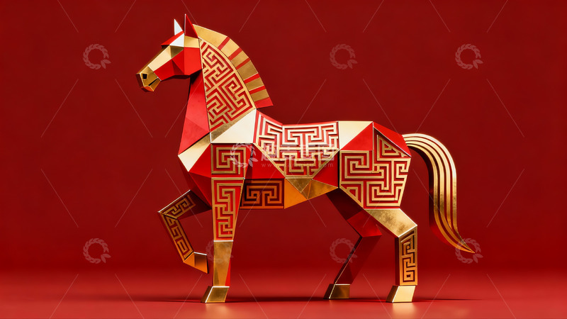 高清大图下载【趣麦麦图】红色背景上的金色马形折纸艺术品
