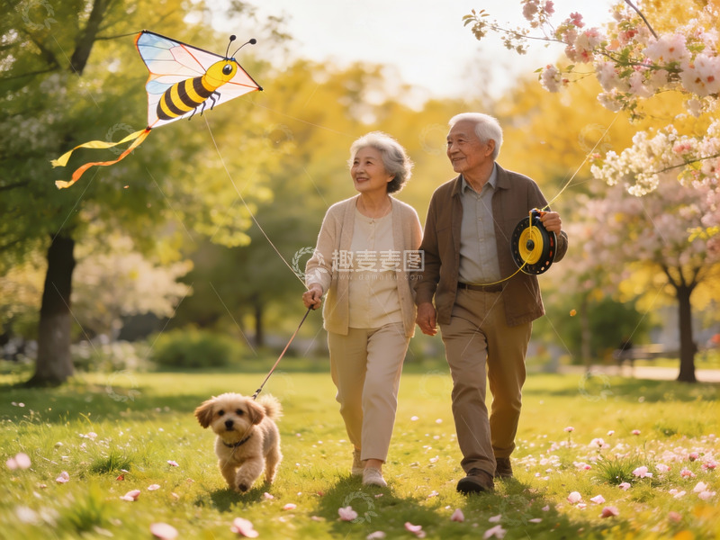 高清大图下载【趣麦麦图】老夫妻公园遛狗放风筝