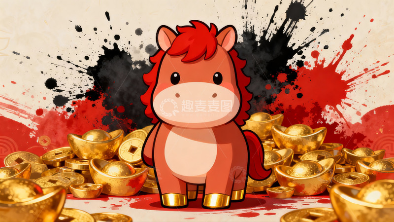 高清大图下载【趣麦麦图】卡通马与金色元宝财富象征