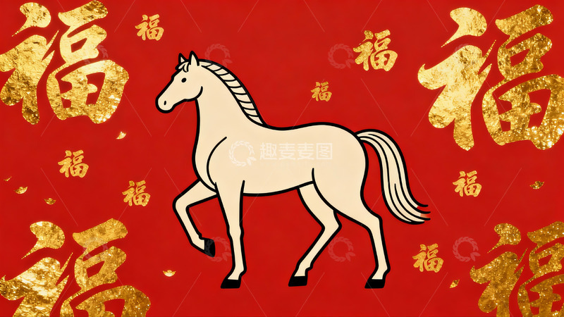 高清大图下载【趣麦麦图】红色背景上的金色福字与白马图案