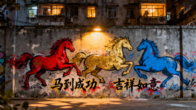 高清大图下载【趣麦麦图】夜景墙绘三匹奔马寓意吉祥