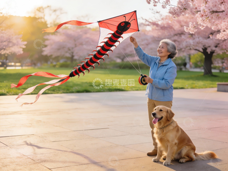 高清大图下载【趣麦麦图】老人公园放风筝与狗相伴