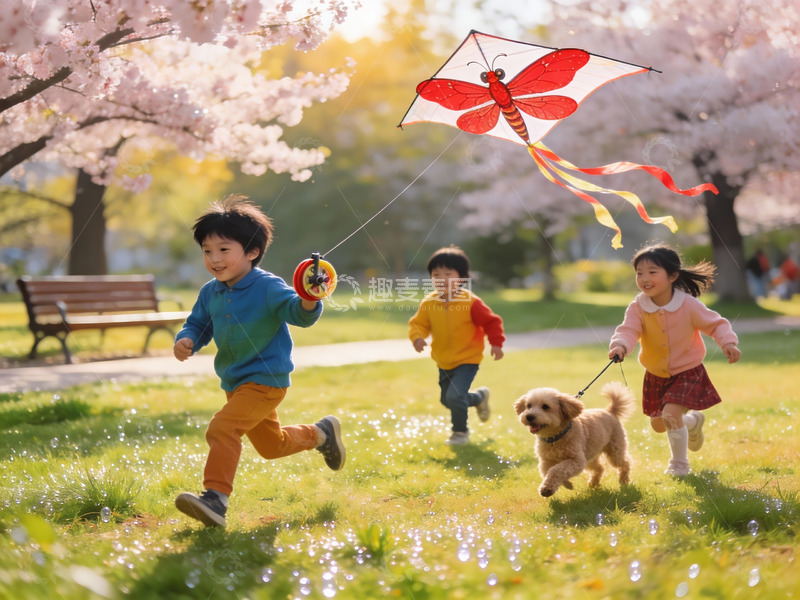 高清大图下载【趣麦麦图】春日公园儿童放风筝