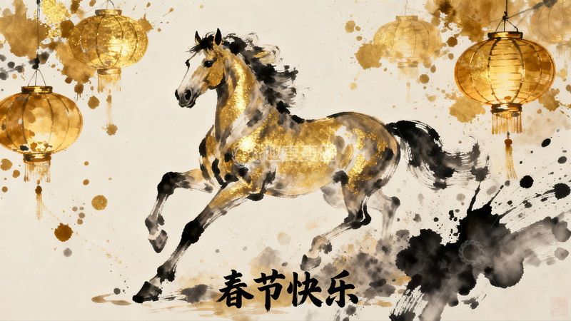 高清大图下载【趣麦麦图】水墨骏马灯笼迎春图