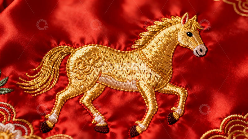 高清大图下载【趣麦麦图】红色布料上的金色马刺绣图案