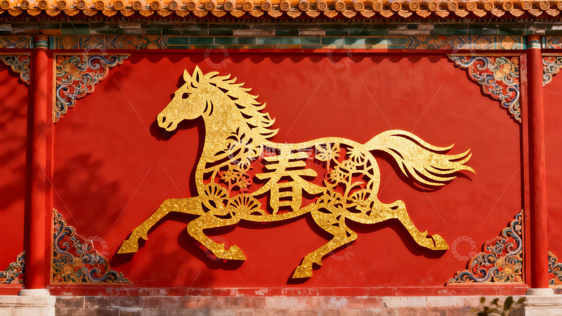 高清大图下载【趣麦麦图】红色墙面上金色马形剪纸艺术