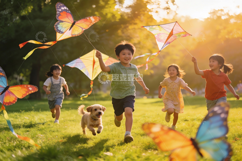 高清大图下载【趣麦麦图】孩子们草地上放风筝