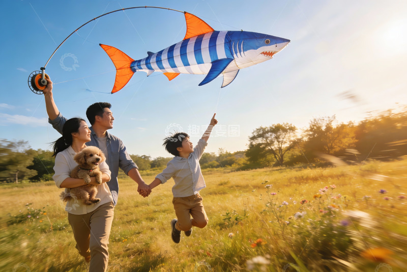 高清大图下载【趣麦麦图】家庭户外放风筝欢乐场景