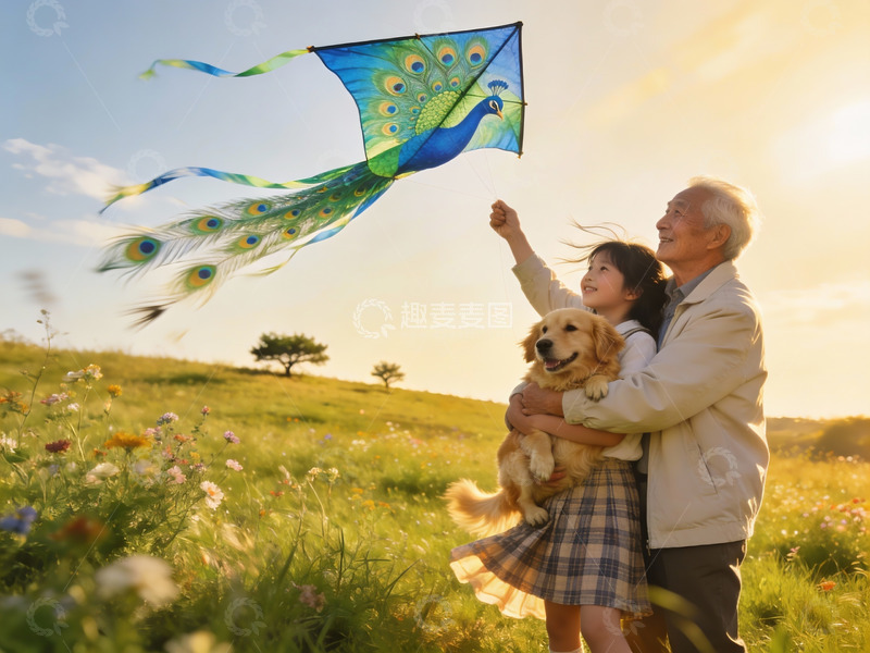高清大图下载【趣麦麦图】祖孙放风筝与宠物狗户外欢乐