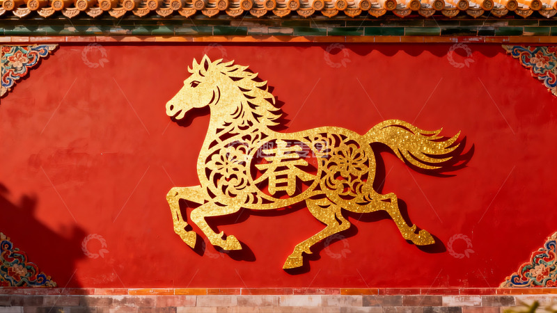 高清大图下载【趣麦麦图】红色墙上的金色马形剪纸艺术