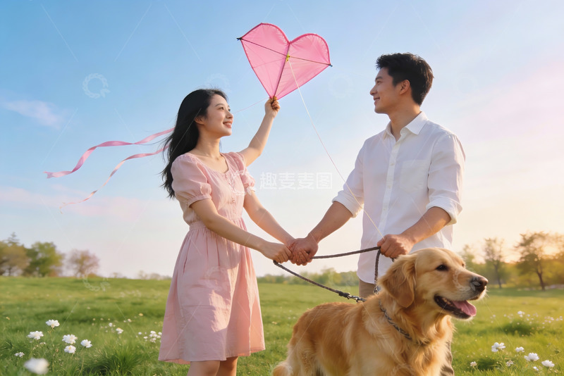 高清大图下载【趣麦麦图】情侣公园放风筝牵狗