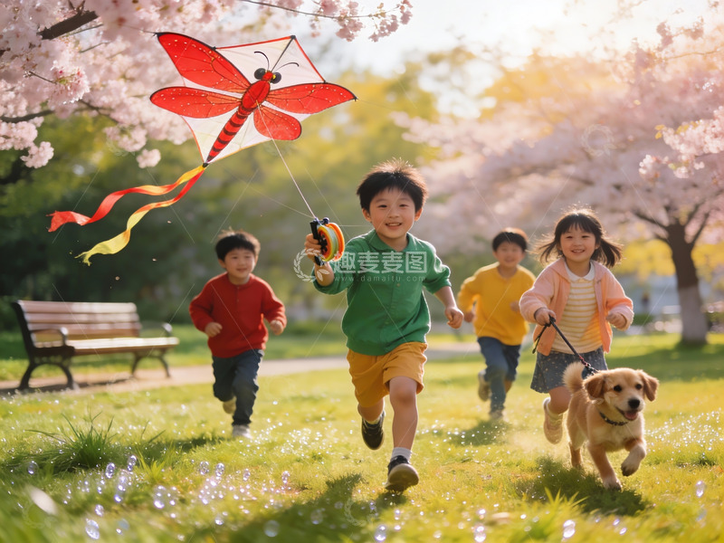高清大图下载【趣麦麦图】孩童放风筝奔跑于樱花树下