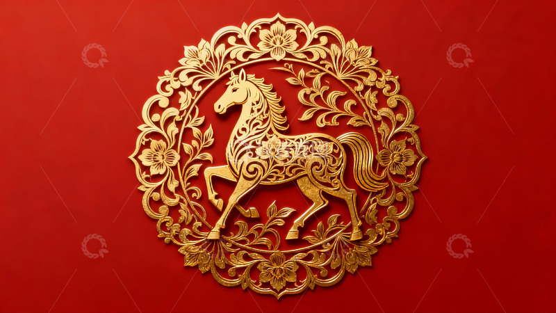 高清大图下载【趣麦麦图】红色背景金色马纹装饰图案