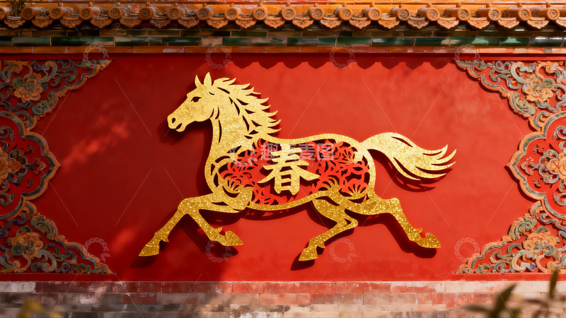 高清大图下载【趣麦麦图】红色墙上的金色马形剪纸装饰