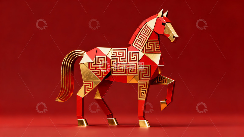 高清大图下载【趣麦麦图】红色背景上的金色马形折纸艺术品