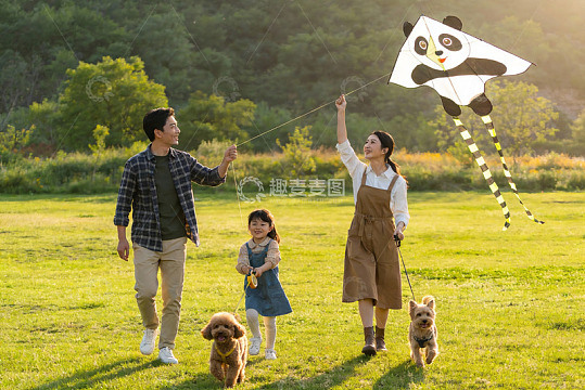 一家三口户外放风筝与宠物同行