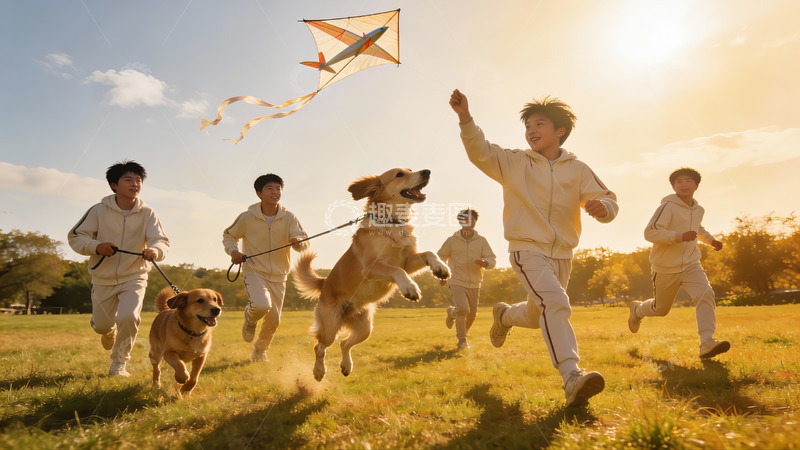 高清大图下载【趣麦麦图】少年奔跑放飞风筝与狗狗