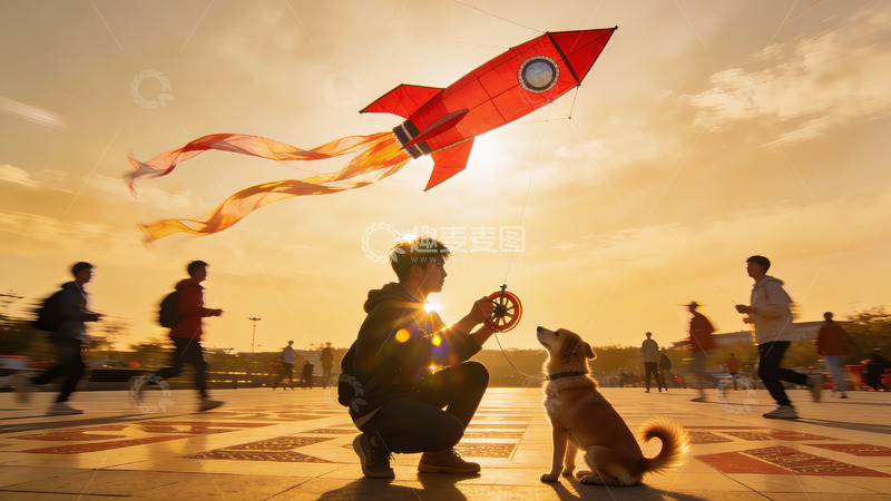 高清大图下载【趣麦麦图】夕阳下放飞火箭风筝