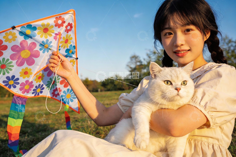 高清大图下载【趣麦麦图】少女户外怀抱猫咪放风筝