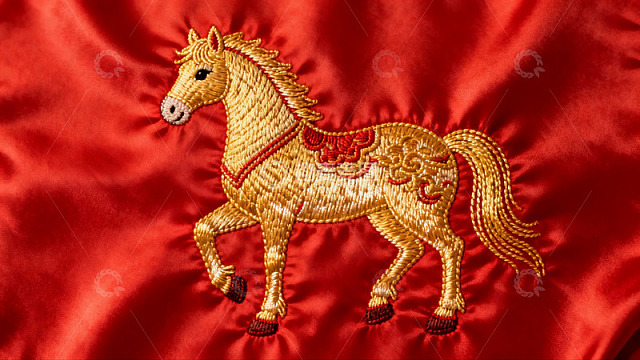 红色布料上的金色马刺绣图案