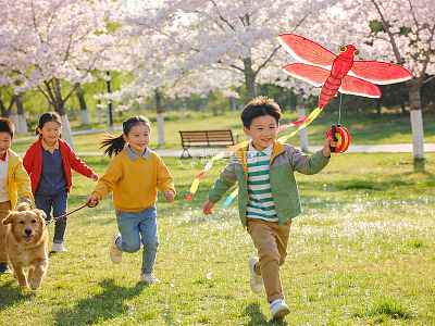 孩童户外放风筝欢乐奔跑