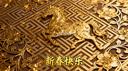 金色骏马剪纸新春祝福图案