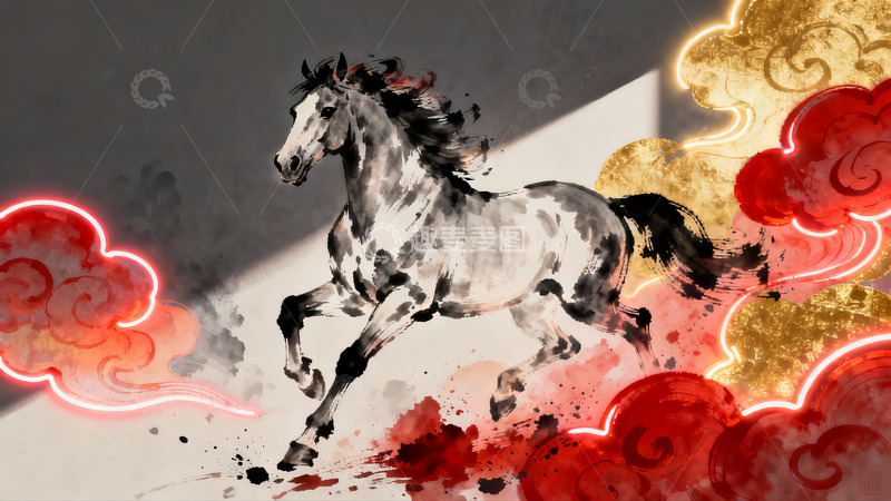 高清大图下载【趣麦麦图】水墨奔马祥云图