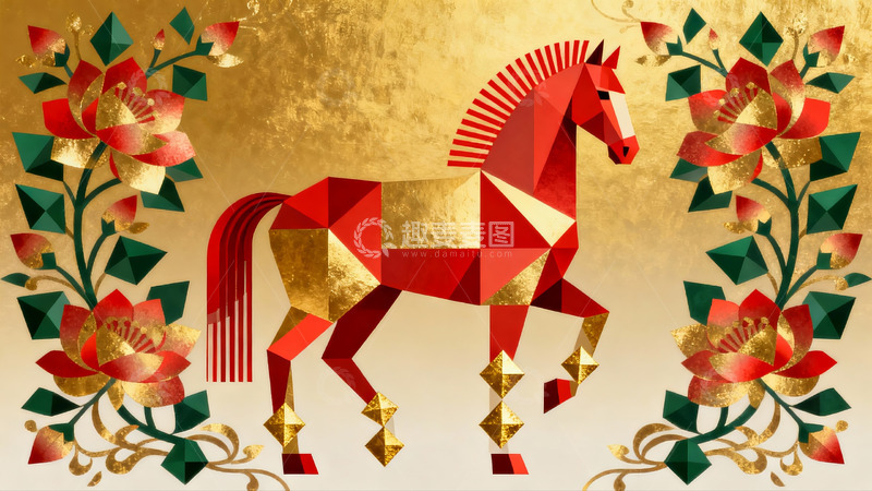 高清大图下载【趣麦麦图】金色背景上的红色几何马图案