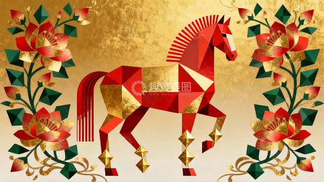 金色背景上的红色几何马图案