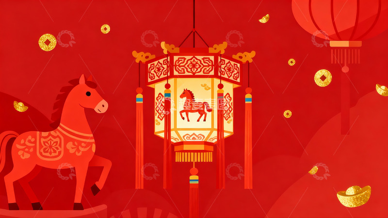 高清大图下载【趣麦麦图】红色背景下的马年灯笼图案