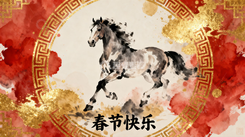 高清大图下载【趣麦麦图】水墨骏马迎春图