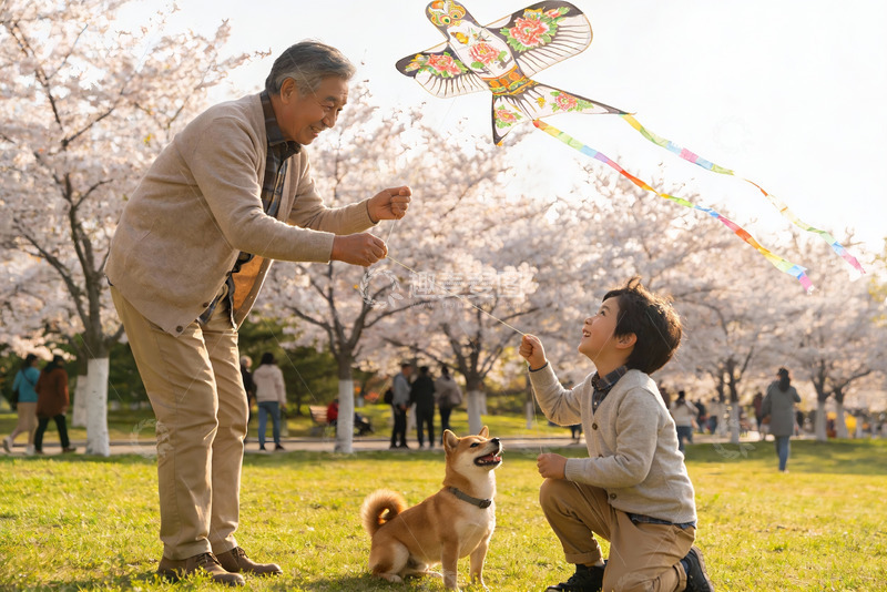 高清大图下载【趣麦麦图】祖孙放风筝狗狗相伴