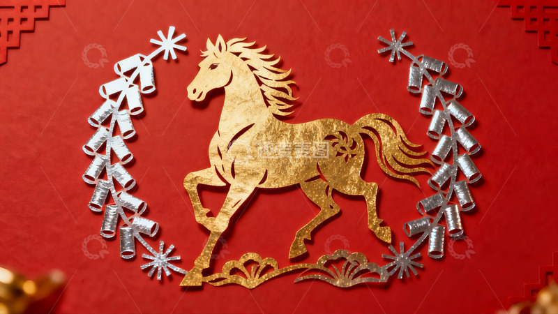 高清大图下载【趣麦麦图】红色背景金色马剪纸艺术