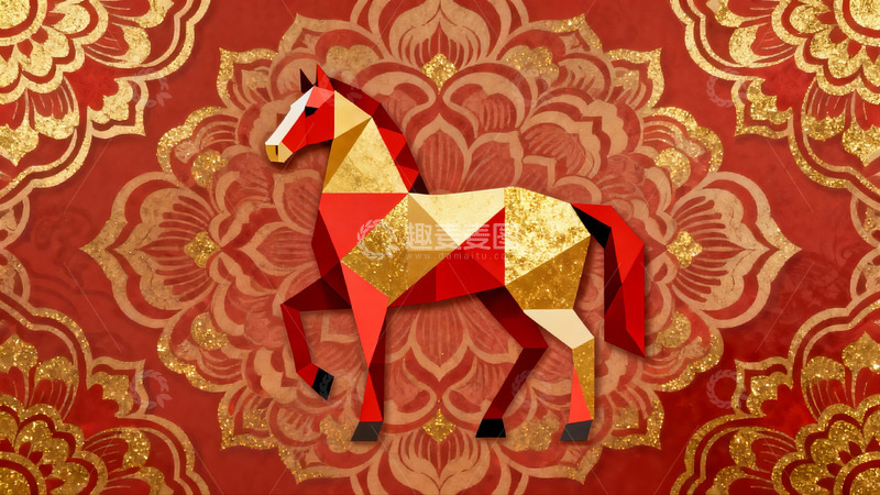 高清大图下载【趣麦麦图】红色背景几何马图案艺术设计