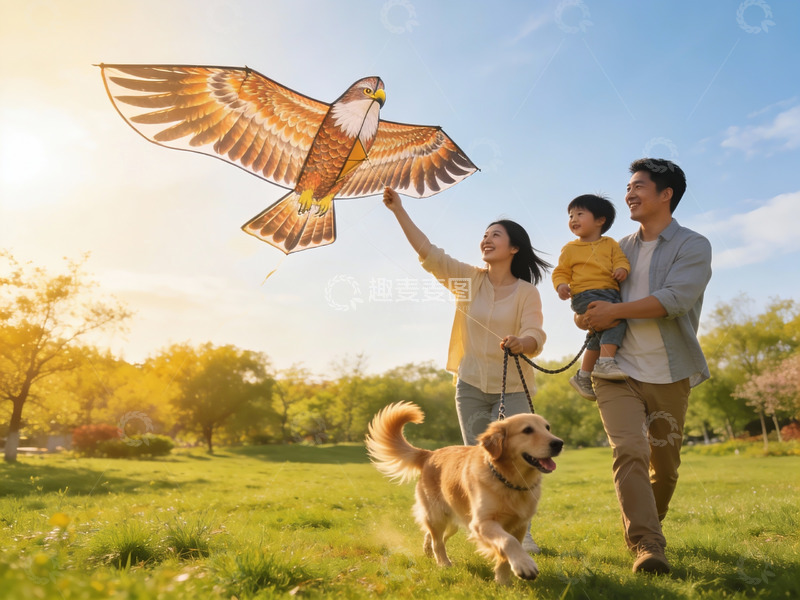 高清大图下载【趣麦麦图】家庭户外放风筝与宠物狗