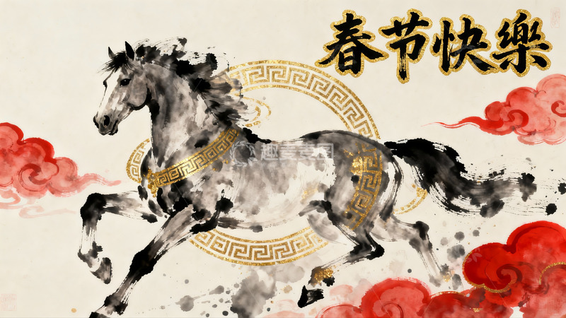 高清大图下载【趣麦麦图】水墨骏马迎春图