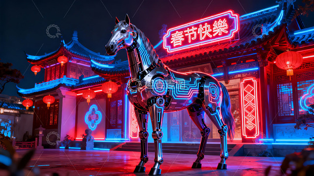 霓虹灯下的机械马与传统建筑